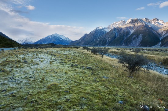 Wide angle lens perspective from of Mt. Cook, New Zealand