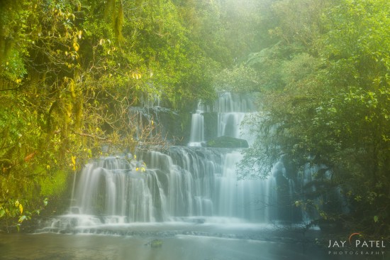 Waterfall created by breathing photographed on camera lens at Purakaunui Falls, Catlins, New Zealand by Jay Patel