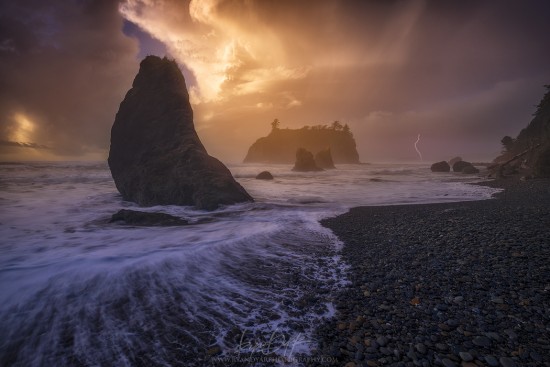 An intimidating thunderstorm lets loose over Ruby Beach. Olympic National Park, WA.