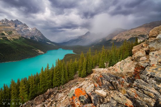 andscape photography during stormy weather at Peyto Lake by Varina Patel