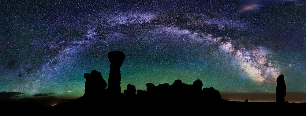 Panorama of Milky Way over Arches National Park.
