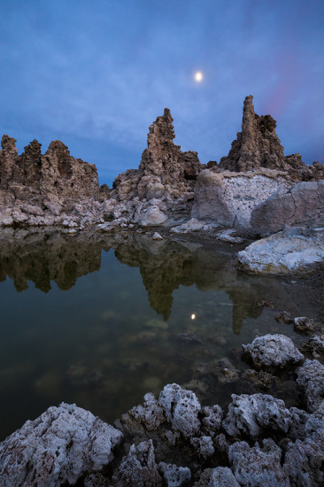 I scouted this location earlier in the day, knowing these formations might get nice light at twilight. I lucked out when the moon appeared in the perfect spot. Mono Lake, California. (c) Sarah Marino. 