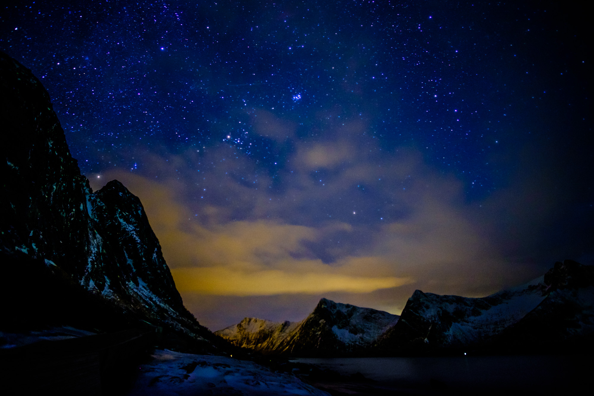 photographing snow falling at night