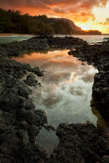 Kauai Sunset, Lava Rock Pool Reflection