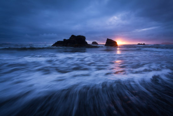 Sunset at a rocky beach in Olympic National Park. Photo by Sarah Marino.