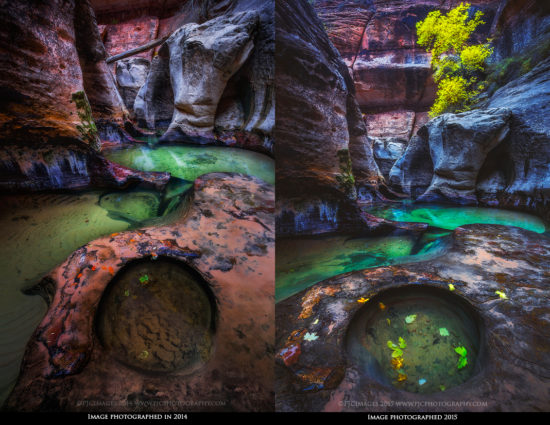 Returning to photograph a location after one year apart: Subway, Zion National Park
