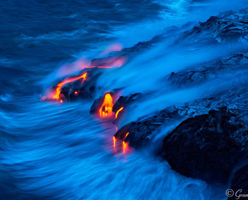 Lava, waves, and smoke