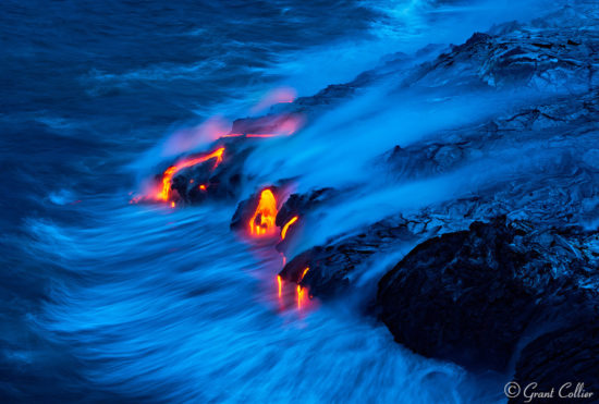 Lava, waves, and smoke